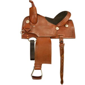 A ranch reining western saddle featuring a full leather carved basket weave pattern and half paddded suede seat, customizable color and personalized silver conchos